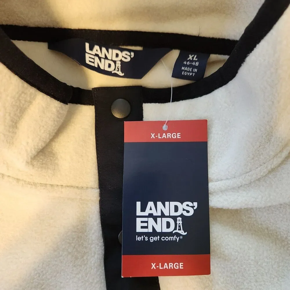 NWT Lands End Mens 1/4 Snap Fleece Pullover Beige & Green Colorblock Pockets XL